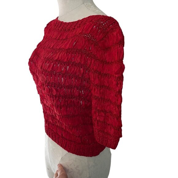 Vintage Womens Top Size Small Red Woven Ribbon Knit Stretch Boat Neck - Picture 4 of 8